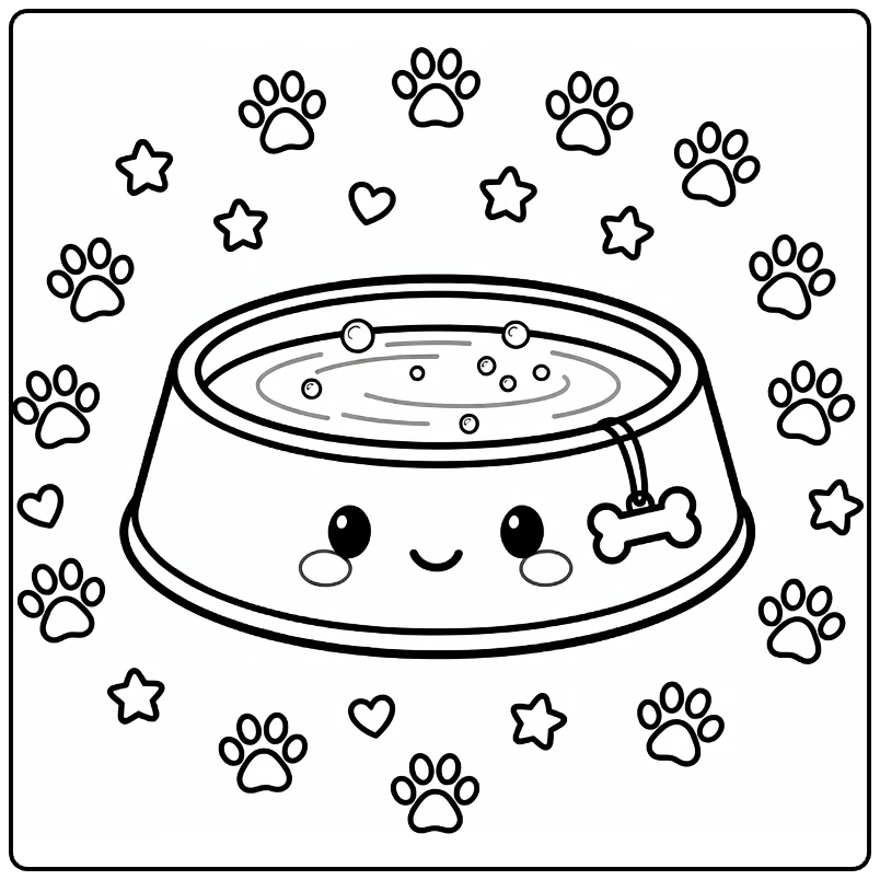 Dog bowl coloring page with ripples, bone tag, bubbles, paws