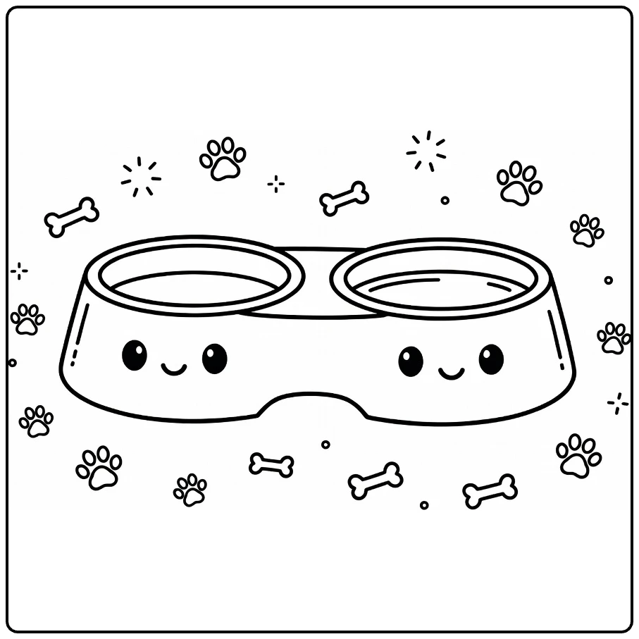 Dog bowl coloring page: cute double stand, food & water bowls, paws