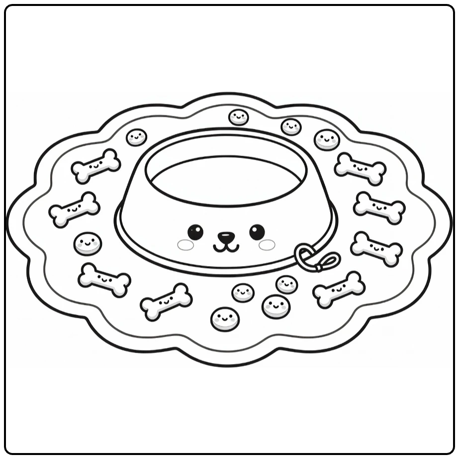 Dog bowl coloring page: round bowl on mat with biscuits, leash, bones