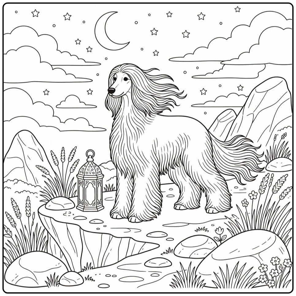 Dog coloring page for adults: Afghan Hound on breezy cliff