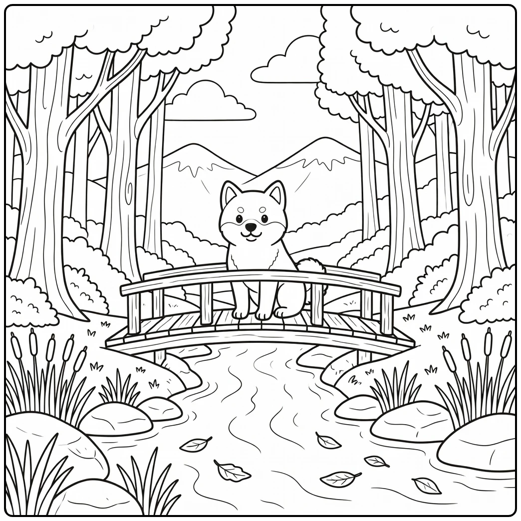 Dog coloring page for adults: Akita on forest bridge eyeing leaves