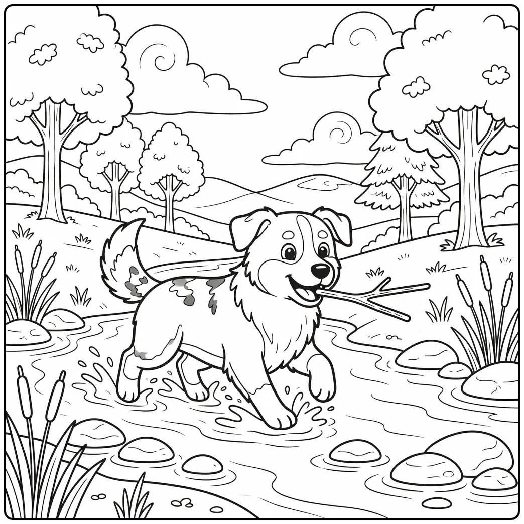 Dog coloring page for adults: Aussie nudging stick in stream