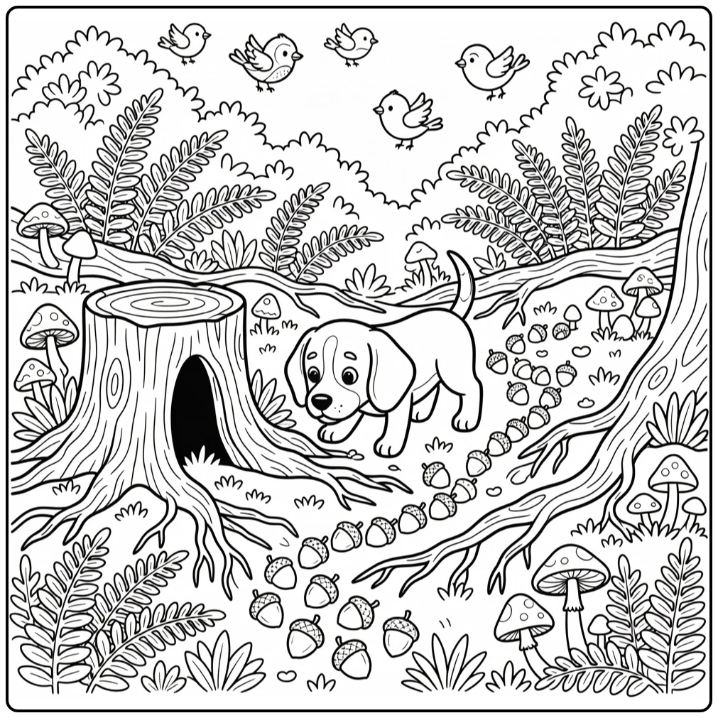 Dog coloring page for adults: Beagle sniffs acorns by stump