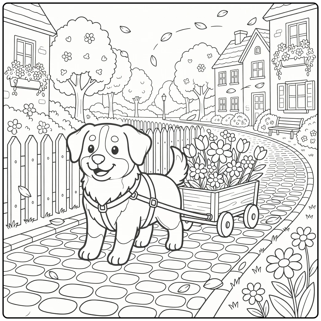 Dog coloring page for adults: Bernese pulling flower wagon on lane