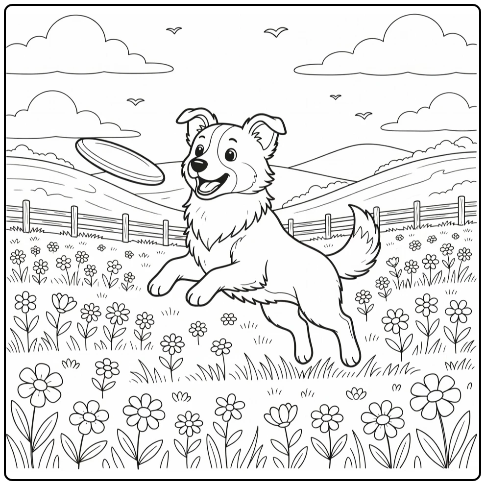 Dog coloring page for adults: Border Collie leaps for disc in meadow