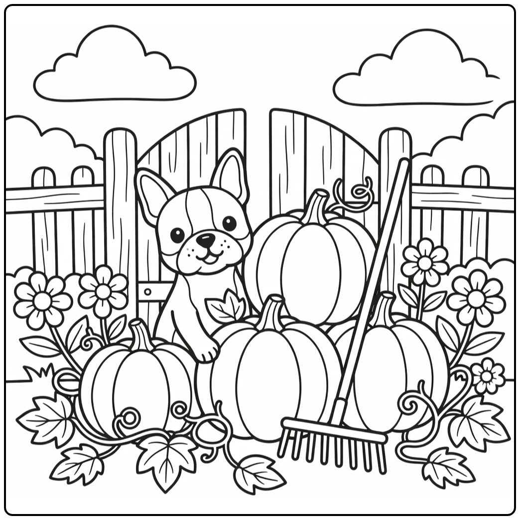 Dog coloring page for adults: Boston Terrier peeks from pumpkins
