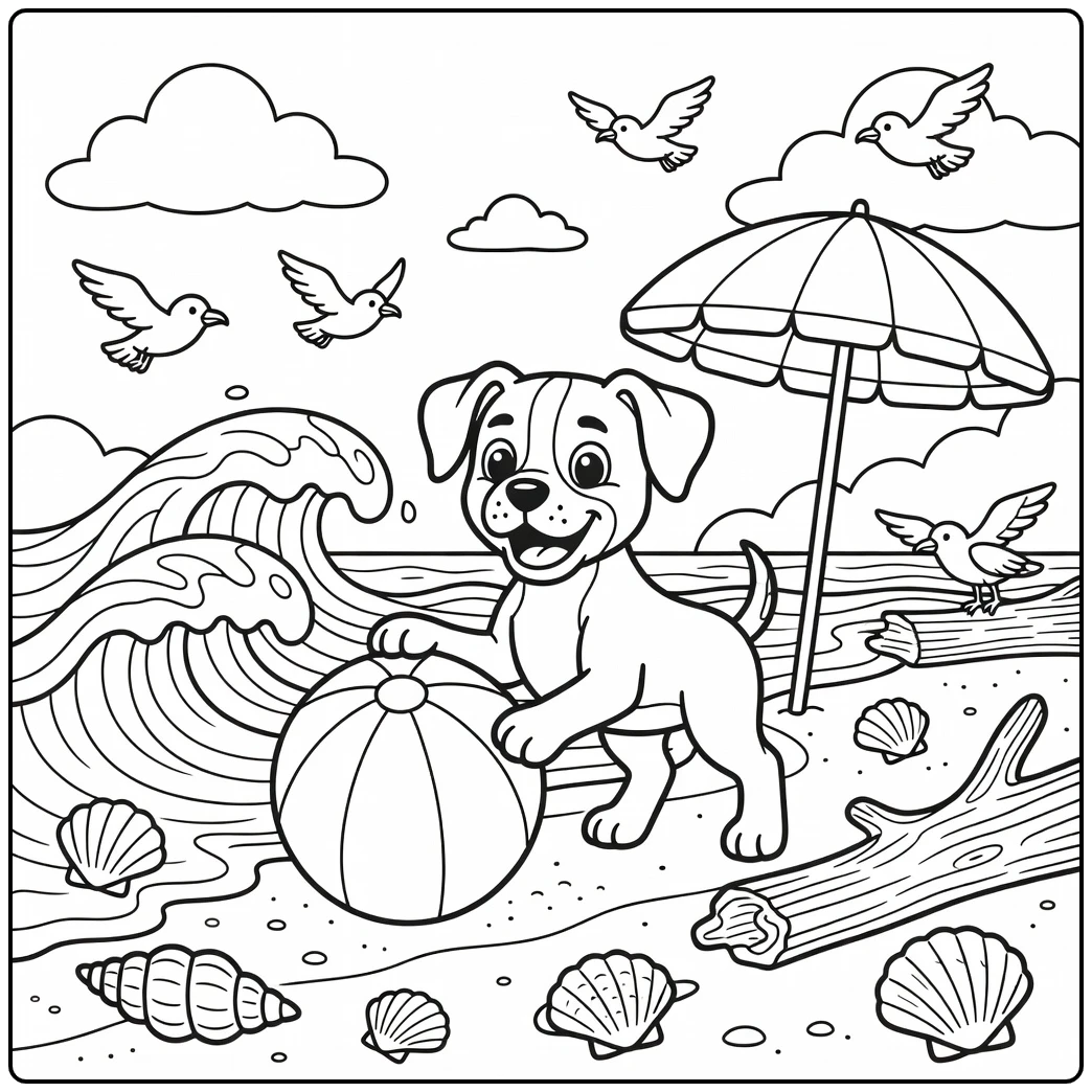 Dog coloring page for adults: Boxer pawing beach ball at shore
