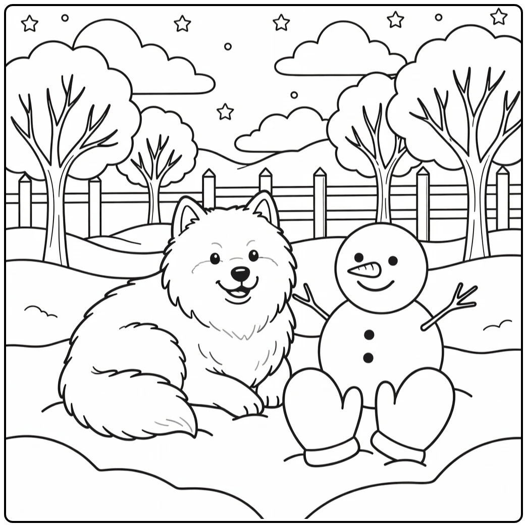 Dog coloring page for adults: Samoyed curled by snowman