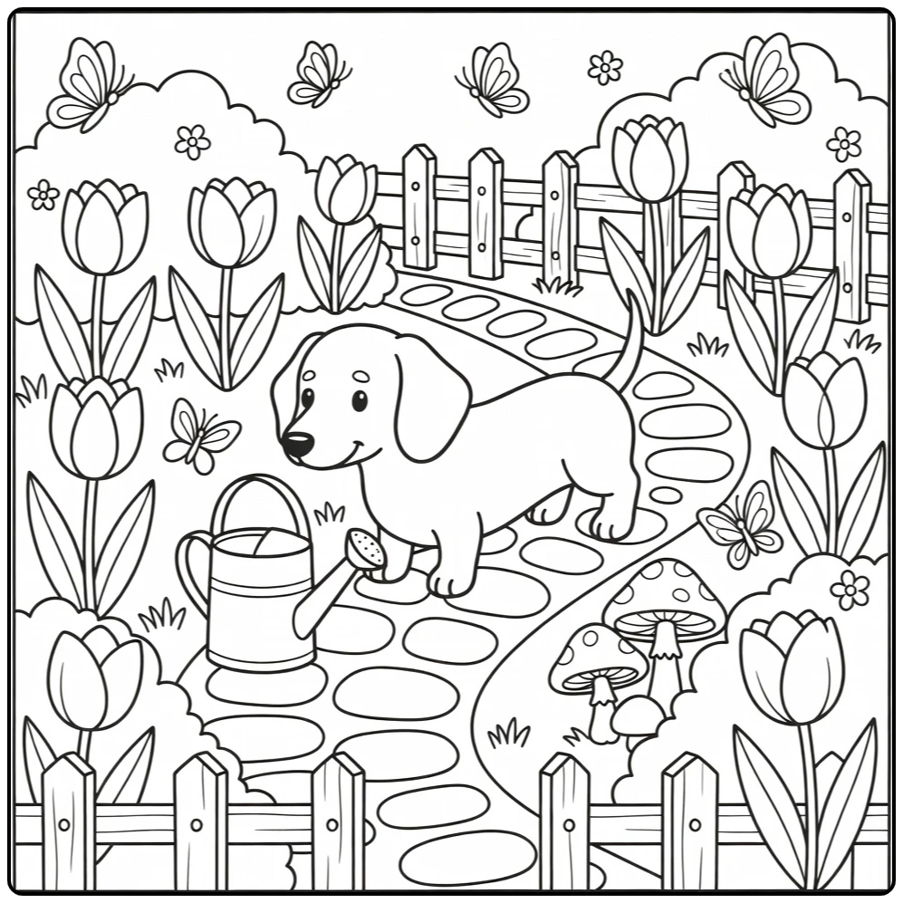 Dog coloring page for adults: Dachshund sniffing can, mushrooms
