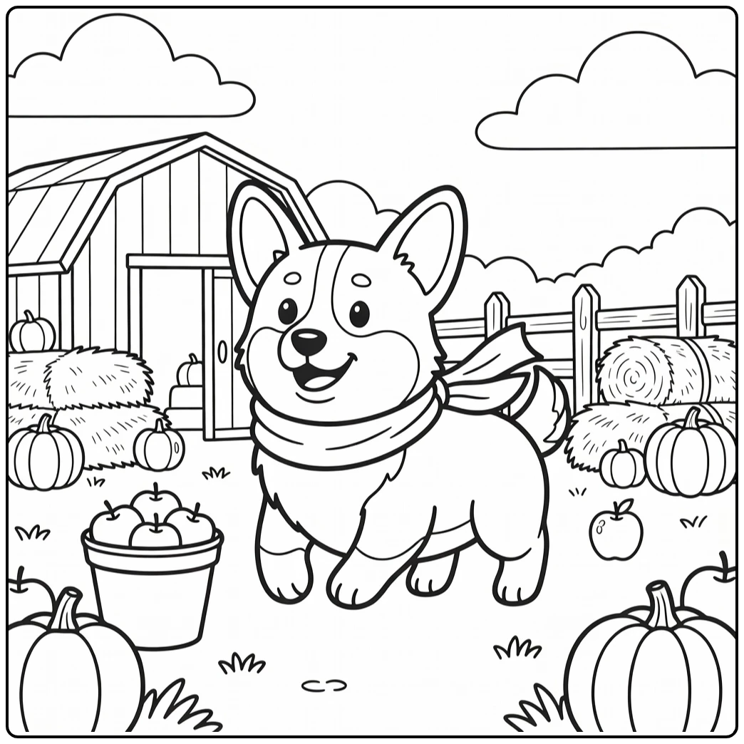Dog coloring page for adults: Corgi trotting in farmyard with scarf