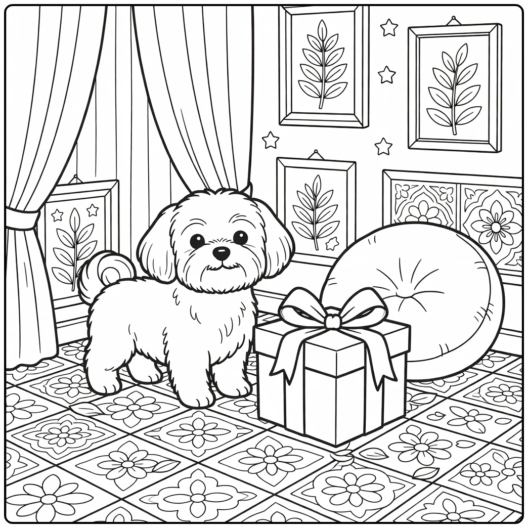 Dog coloring page for adults: Maltese with gift box, cushion
