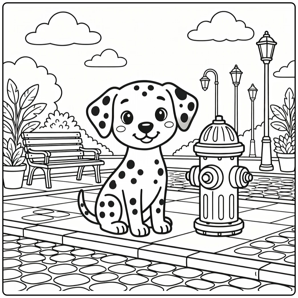 Dog coloring page for adults: Dalmatian by fire hydrant