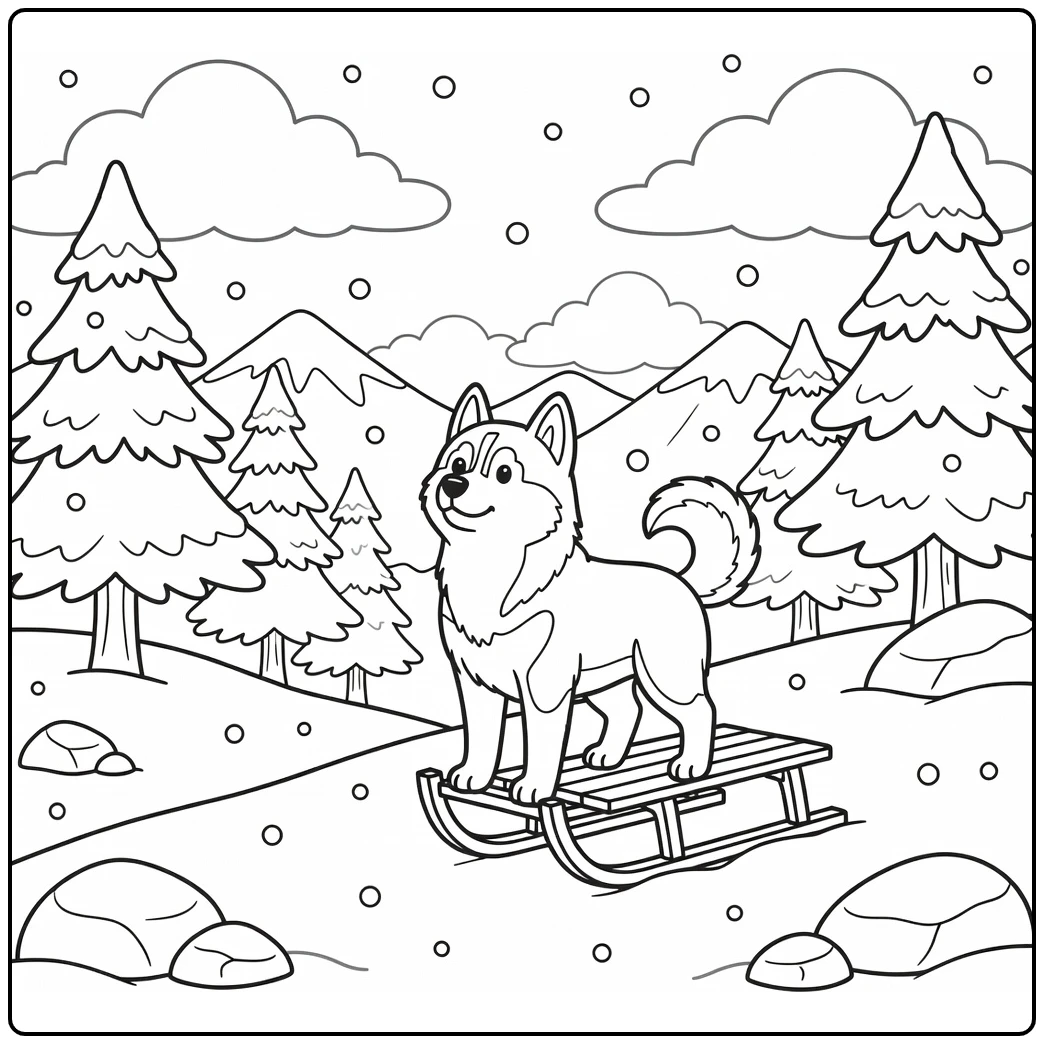 Dog coloring page for adults: Siberian Husky on snowy hill with sled