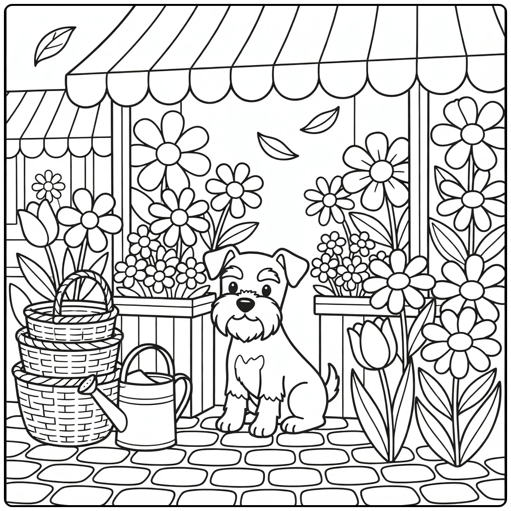 Dog coloring page for adults: Miniature Schnauzer at flower market