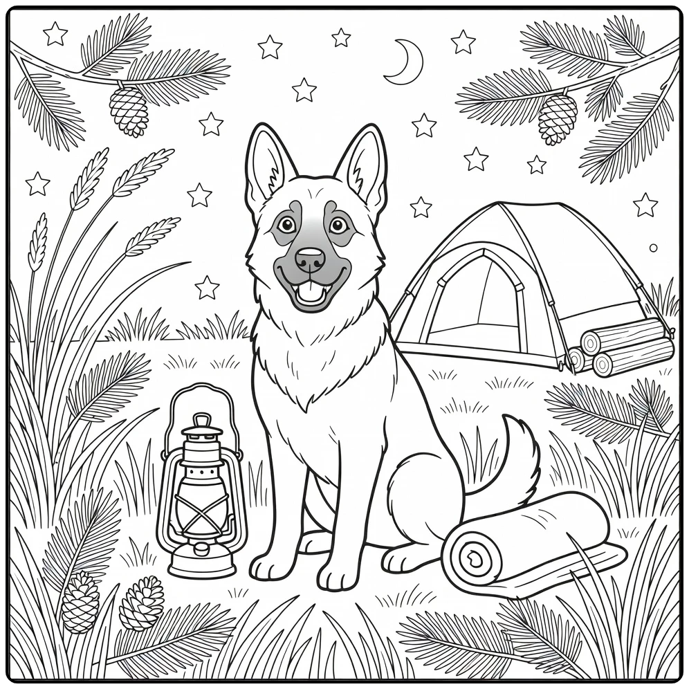 Dog coloring page for adults: alert German Shepherd at campsite