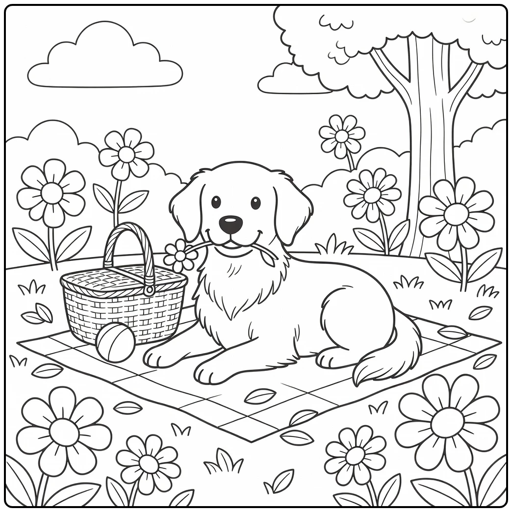 Dog coloring page for adults: Golden Retriever with flower on picnic blanket in park