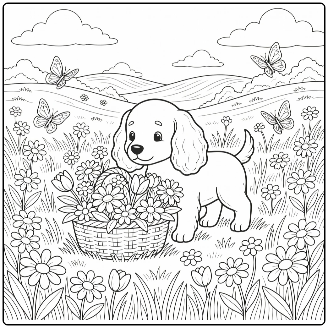 Dog coloring page for adults: Cocker Spaniel nosing flower basket