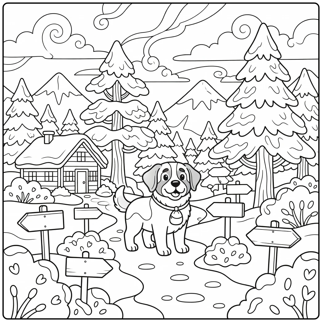 Dog coloring page for adults: Saint Bernard with rescue pouch in Alps