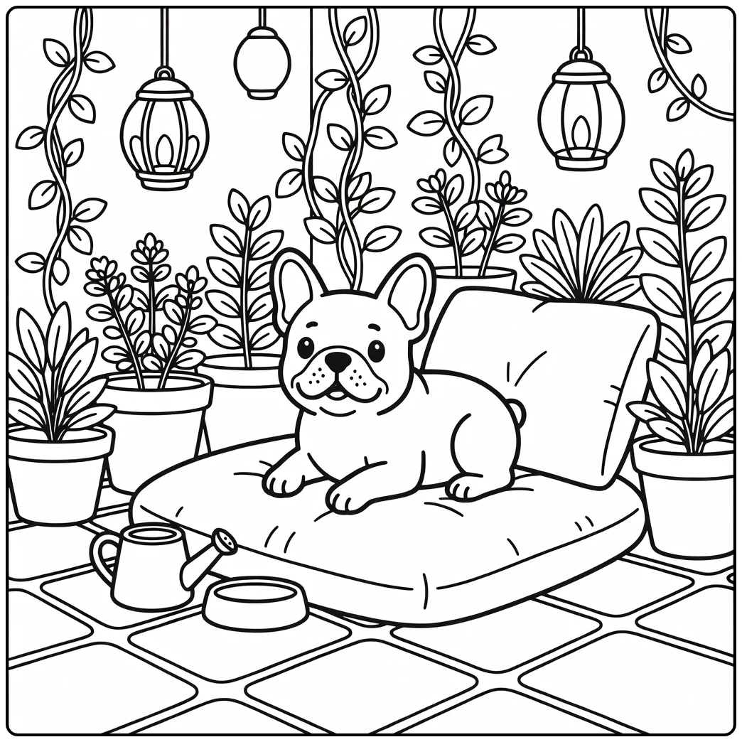 Dog coloring page for adults: French Bulldog on patio cushion