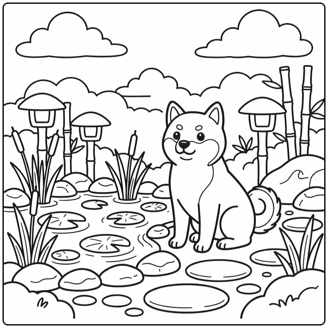 Dog coloring page for adults: Proud Shiba Inu by koi pond with reeds
