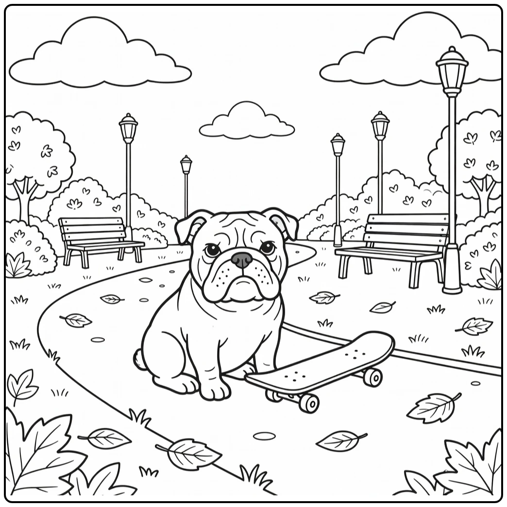 Dog coloring page for adults: Bulldog by tipped skateboard