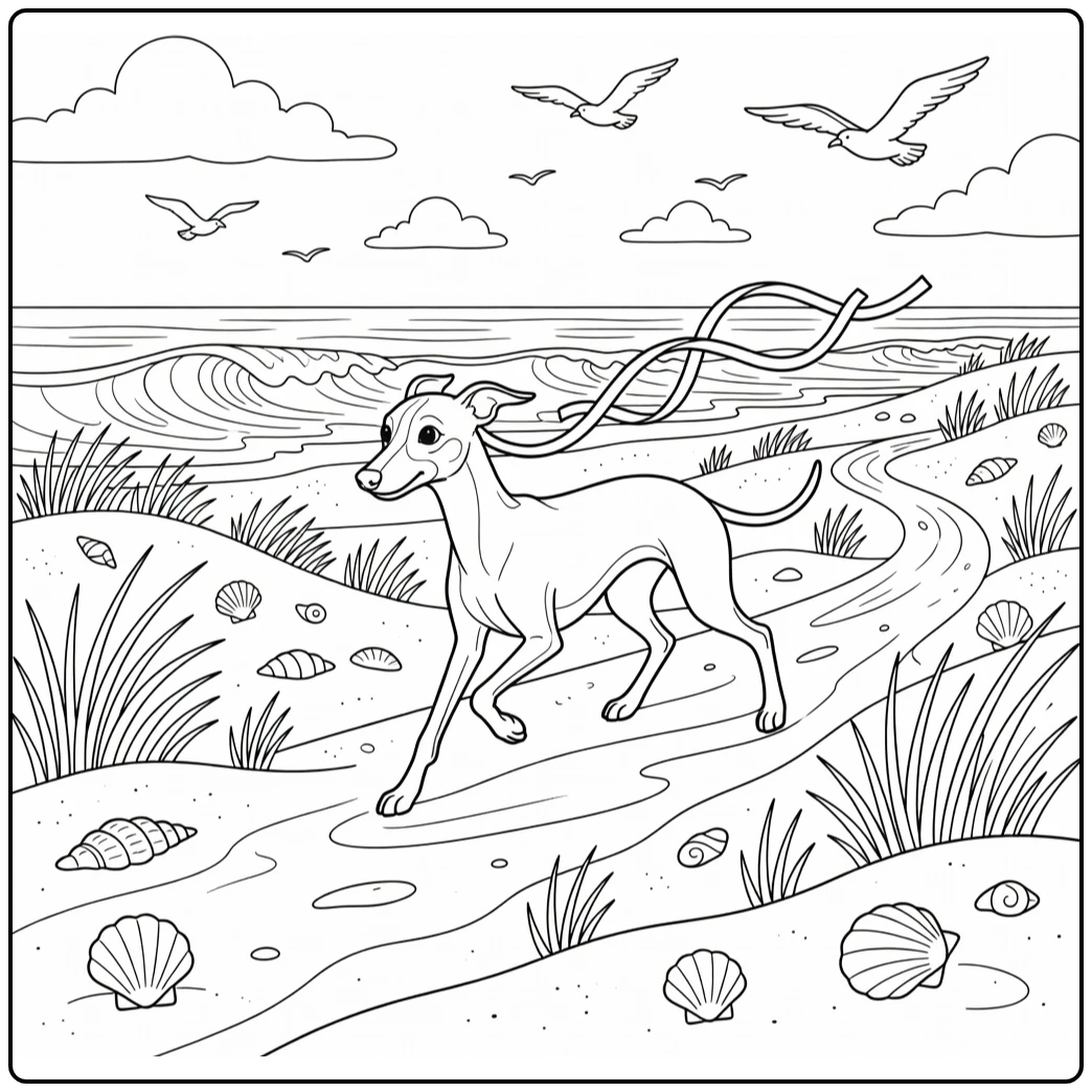 Dog coloring page for adults: Whippet chasing toy on dunes