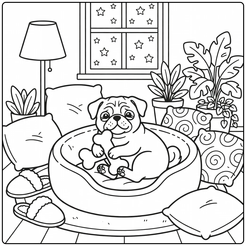 Dog coloring page for adults: Pug curled in bed hugging bone in cozy night room