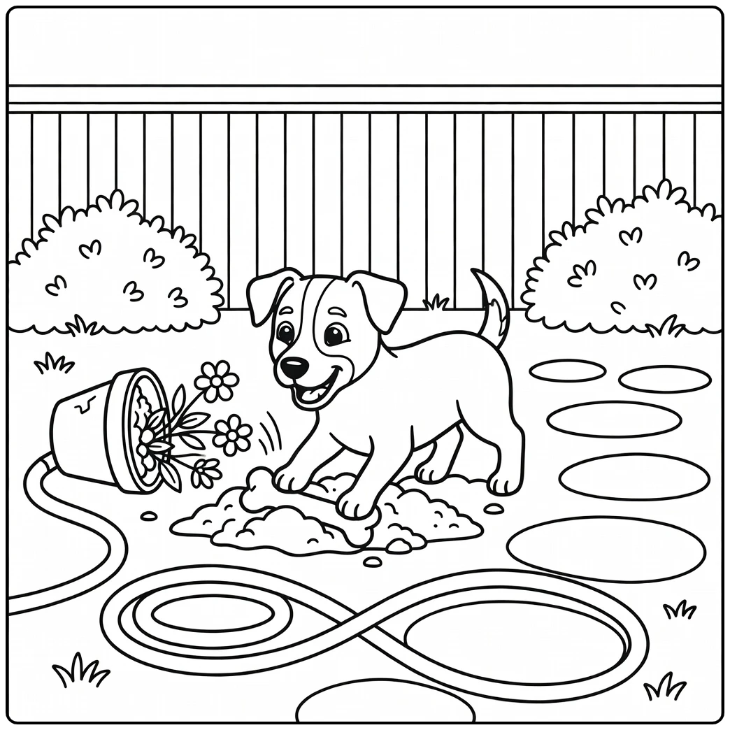 Dog coloring page for adults: Jack Russell Terrier digging by buried bone