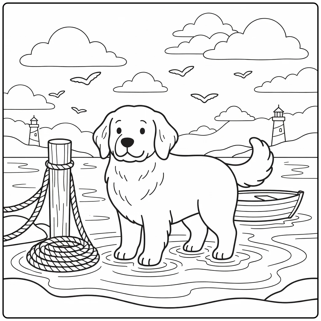 Dog coloring page for adults: Newfoundland in harbor scene