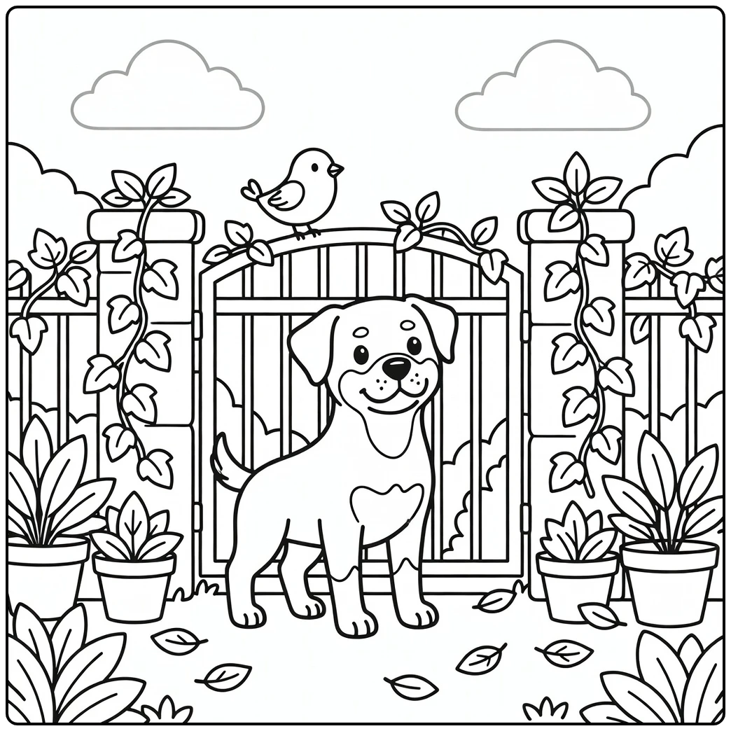 Dog coloring page for adults: Rottweiler guards gate, bird above