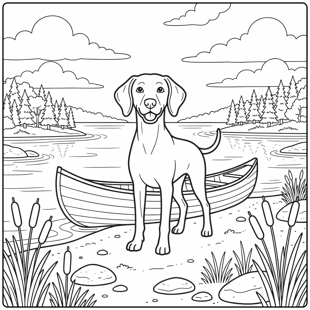 Dog coloring page for adults: Weimaraner by lakeshore canoe