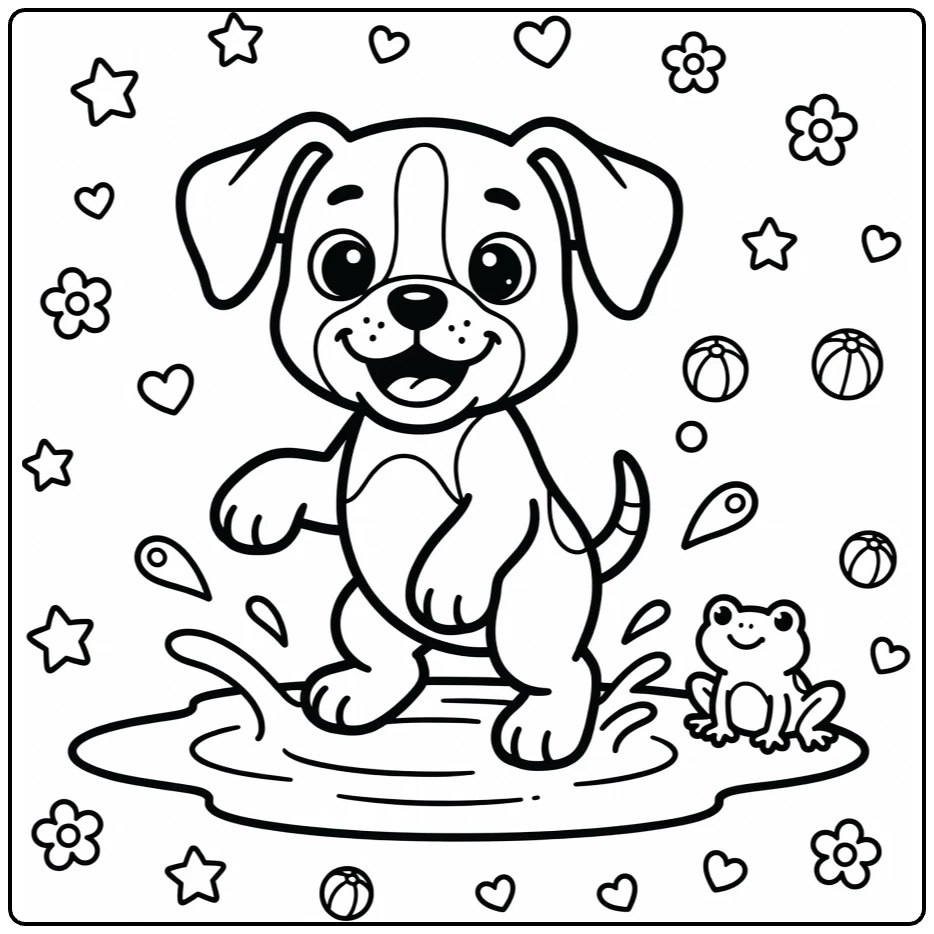 Dog coloring page for preschoolers: Boxer puppy splashing puddle