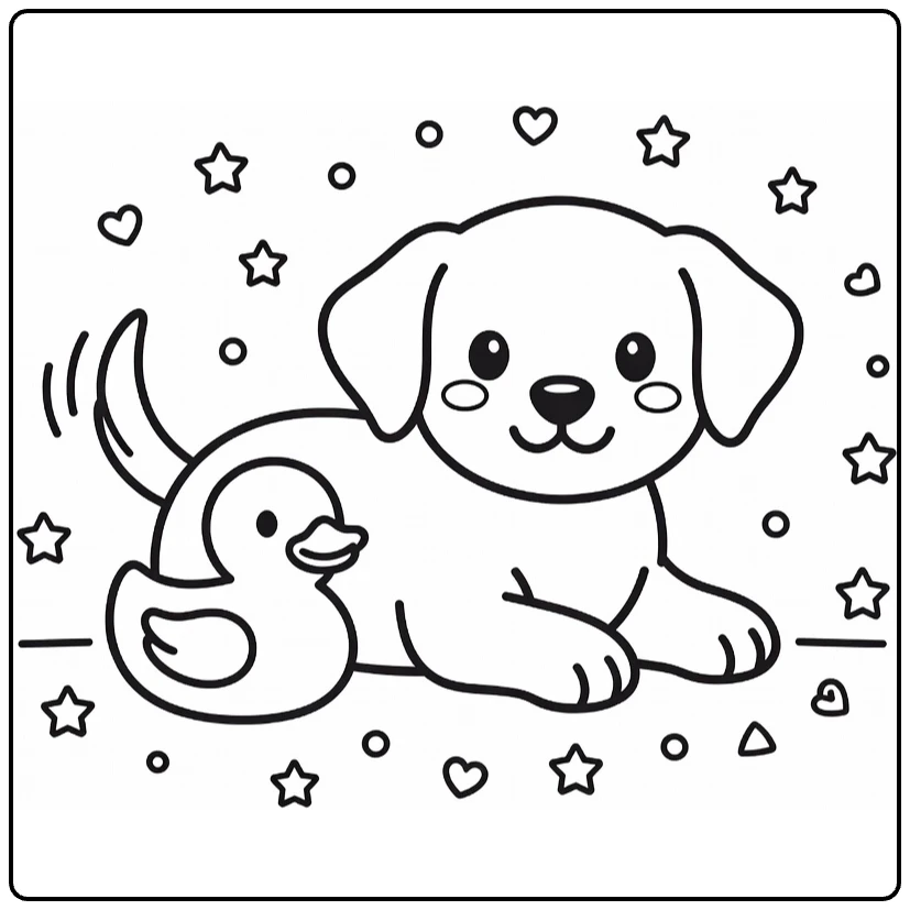 Dog coloring page for preschoolers: Labrador puppy with duck
