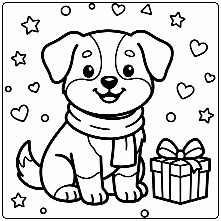 Dog coloring page for preschoolers: smiling Aussie puppy with scarf & gift
