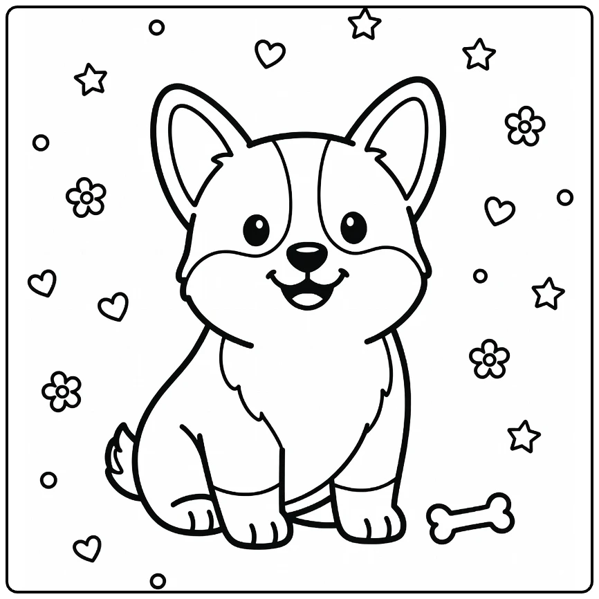 Dog coloring page for preschoolers: proud Corgi puppy with bone