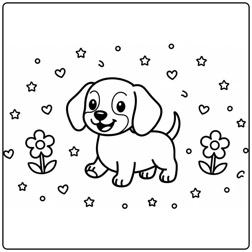 Dog coloring page for preschoolers: tiny happy Dachshund puppy walking with flowers