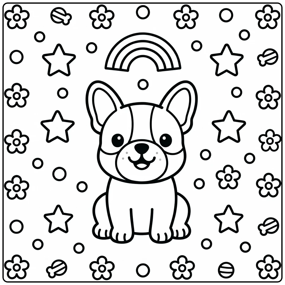 Dog coloring page for preschoolers: French Bulldog puppy under rainbow