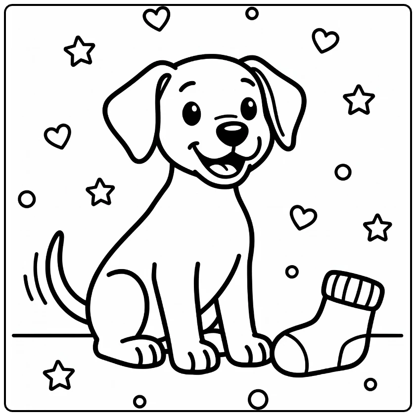 Dog coloring page for preschoolers: playful Great Dane puppy with sock