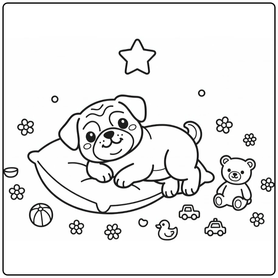 Dog coloring page for preschoolers: cute Pug puppy on pillow with star, teddy