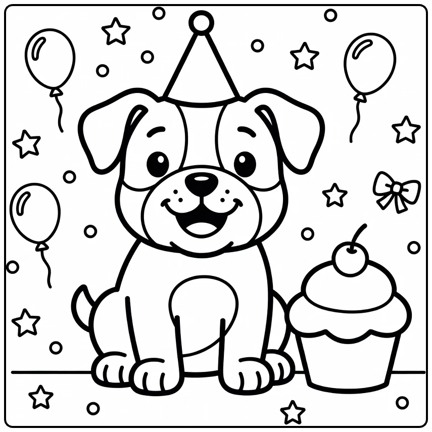 Dog coloring page for preschoolers: happy Bulldog puppy with party hat