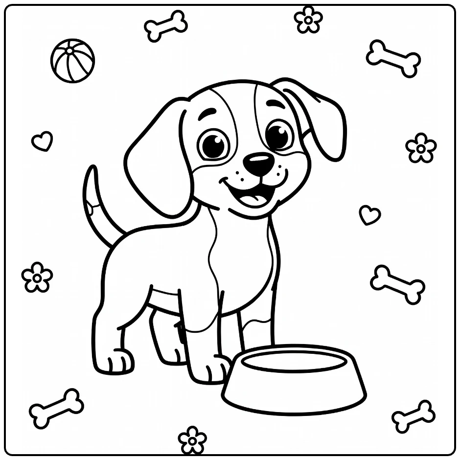 Dog coloring page for preschoolers: happy Beagle puppy with raised ear