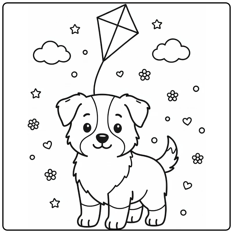 Dog coloring page for preschoolers: Border Collie puppy with kite