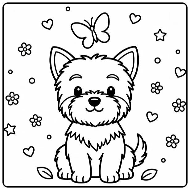 Dog coloring page for preschoolers: tiny Yorkie puppy with butterfly