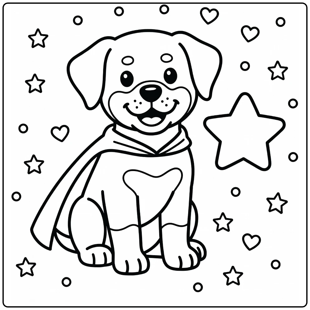 Dog coloring page for preschoolers: Rottweiler puppy with cape & star