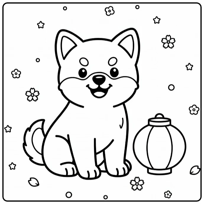 Dog coloring page for preschoolers: Akita puppy with lantern
