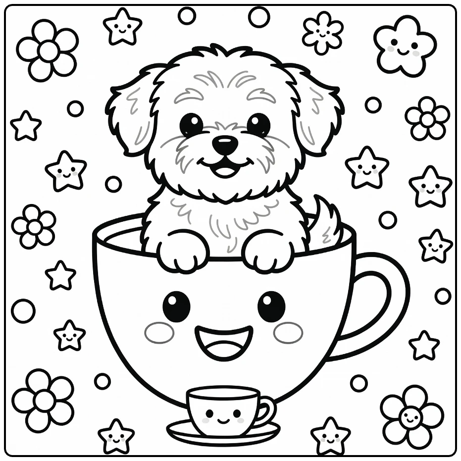 Dog coloring page for preschoolers: cute Maltese puppy in teacup