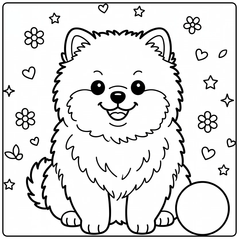 Dog coloring page for preschoolers: fluffy Pomeranian puppy with ball