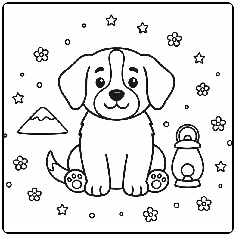 Dog coloring page for preschoolers: St. Bernard puppy & lantern