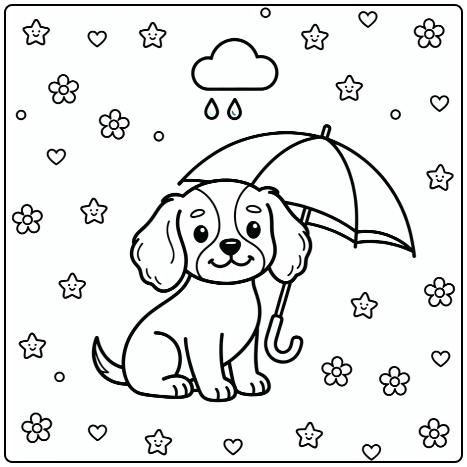 Dog coloring page for preschoolers: Cavalier puppy by umbrella
