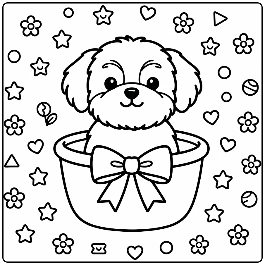 Dog coloring page for preschoolers: Shih Tzu puppy peeks from basket